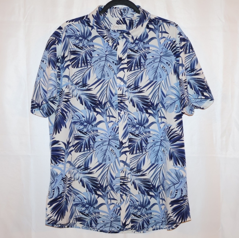 Cotton & Co. Blue Tropical Botanical & Palm Leaf Button Up Shirt.